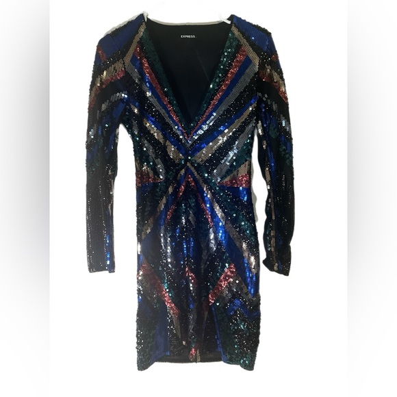 Express Plunge Multi-Colored Cocktail Sequence Mini Dress - Picture 1 of 4